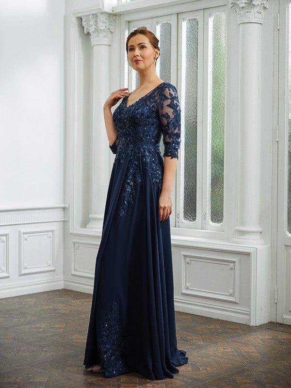 NumberSea-A-Line/Princess Chiffon Applique V-Neck 3/4 Sleeves Floor-Length Mother of The Bride Dresses US 20W / UK 24 / EU 50