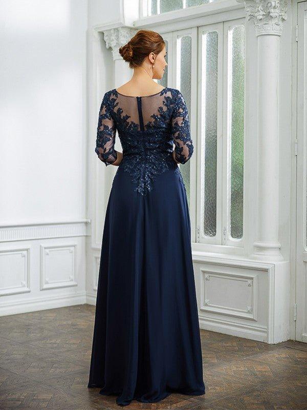 NumberSea - A - Line/Princess Chiffon Applique V - neck 3/4 Sleeves Floor - Length Mother of the Bride Dresses