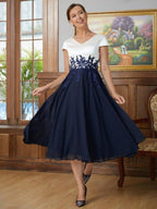 NumberSea - A - Line/Princess Chiffon Applique V - neck Short Sleeves Tea - Length Mother of the Bride Dresses