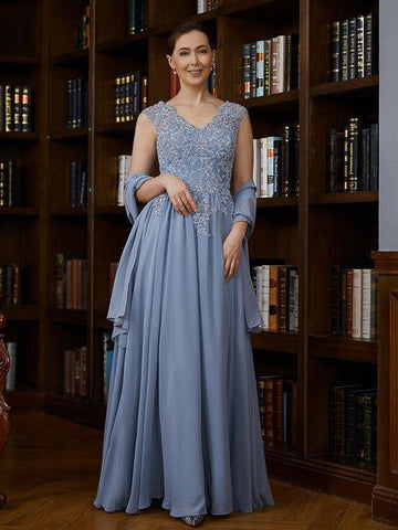 NumberSea - A - Line/Princess Chiffon Applique V - neck Sleeveless Floor - Length Mother of the Bride Dresses
