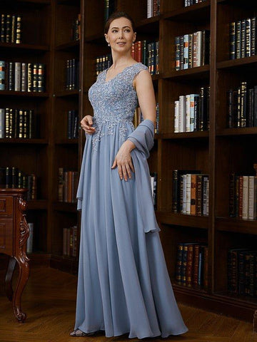 NumberSea - A - Line/Princess Chiffon Applique V - neck Sleeveless Floor - Length Mother of the Bride Dresses