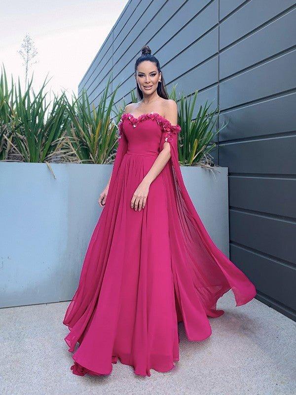NumberSea - A - Line/Princess Chiffon Floor - Length Long Sleeves Ruffles Off - the - Shoulder Dresses