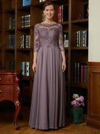 NumberSea - A - Line/Princess Chiffon Lace Scoop 3/4 Sleeves Floor - Length Mother of the Bride Dresses