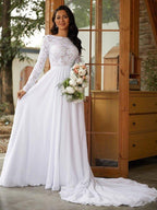 NumberSea - A - Line/Princess Chiffon Lace Scoop Long Sleeves Cathedral Train Wedding Dresses