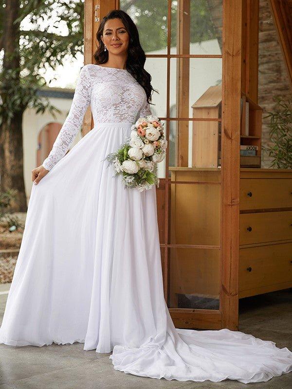 NumberSea - A - Line/Princess Chiffon Lace Scoop Long Sleeves Cathedral Train Wedding Dresses