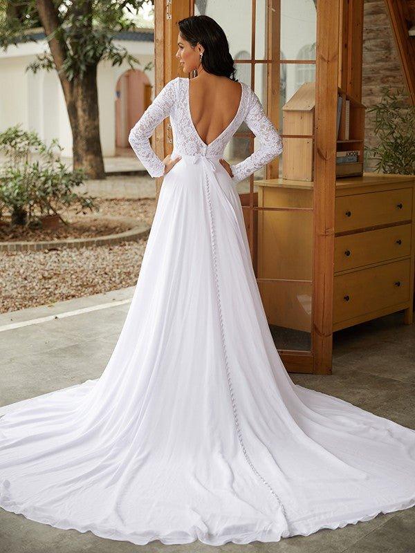 NumberSea - A - Line/Princess Chiffon Lace Scoop Long Sleeves Cathedral Train Wedding Dresses