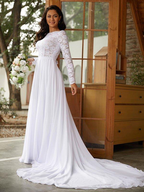 NumberSea - A - Line/Princess Chiffon Lace Scoop Long Sleeves Cathedral Train Wedding Dresses