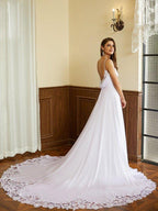 NumberSea - A - Line/Princess Chiffon Lace Spaghetti Straps Sleeveless Chapel Train Wedding Dresses