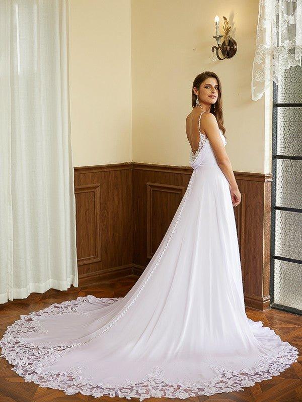 NumberSea - A - Line/Princess Chiffon Lace Spaghetti Straps Sleeveless Chapel Train Wedding Dresses