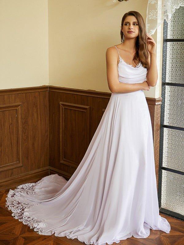 NumberSea - A - Line/Princess Chiffon Lace Spaghetti Straps Sleeveless Chapel Train Wedding Dresses