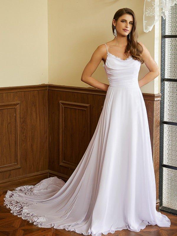 NumberSea - A - Line/Princess Chiffon Lace Spaghetti Straps Sleeveless Chapel Train Wedding Dresses
