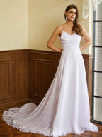NumberSea - A - Line/Princess Chiffon Lace Spaghetti Straps Sleeveless Chapel Train Wedding Dresses