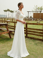 NumberSea - A - Line/Princess Chiffon Lace V - neck 1/2 Sleeves Floor - Length Wedding Dresses