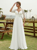 NumberSea - A - Line/Princess Chiffon Lace V - neck 1/2 Sleeves Floor - Length Wedding Dresses