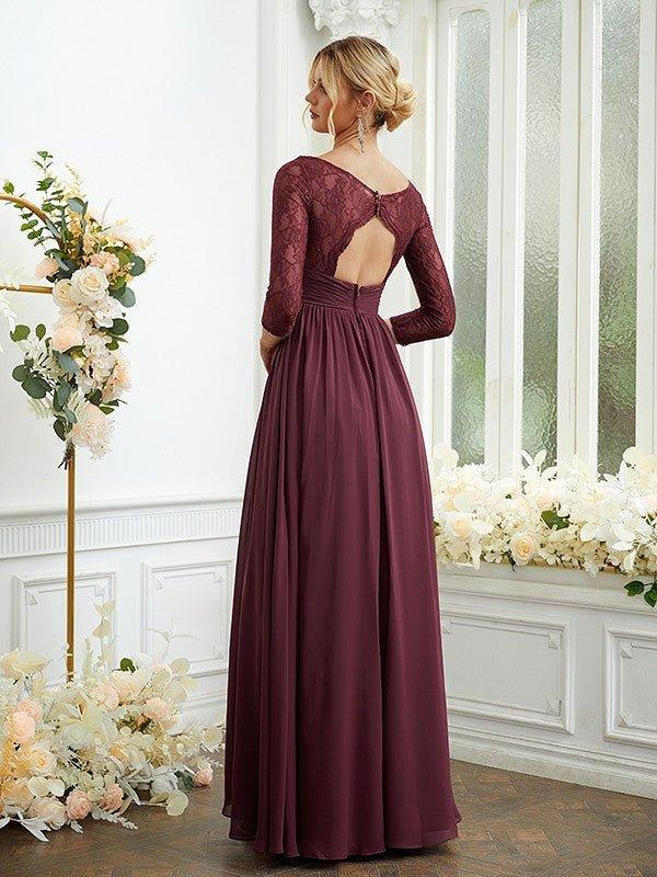 NumberSea-A-Line/Princess Chiffon Lace V-Neck Long Sleeves Floor-Length Bridesmaid Dresses US 18w / UK 22 / EU 48