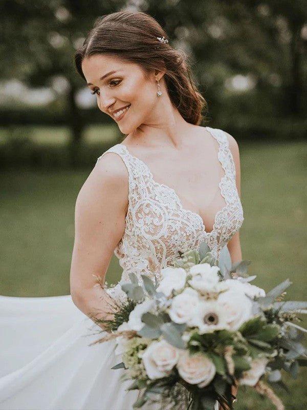 NumberSea - A - Line/Princess Chiffon Lace V - neck Sleeveless Chapel Train Wedding Dresses
