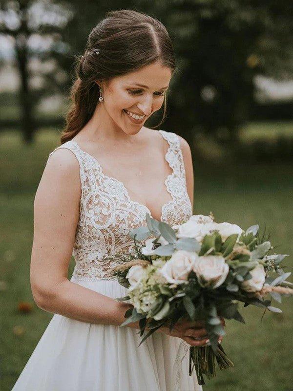 NumberSea - A - Line/Princess Chiffon Lace V - neck Sleeveless Chapel Train Wedding Dresses