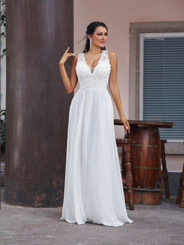 NumberSea - A - Line/Princess Chiffon Lace V - neck Sleeveless Floor - Length Wedding Dresses