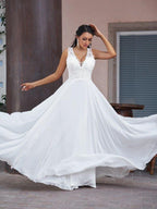 NumberSea - A - Line/Princess Chiffon Lace V - neck Sleeveless Floor - Length Wedding Dresses
