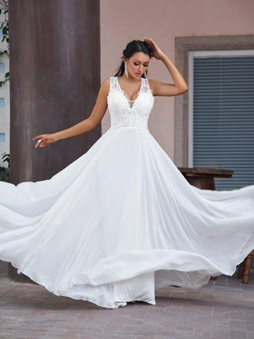 NumberSea - A - Line/Princess Chiffon Lace V - neck Sleeveless Floor - Length Wedding Dresses
