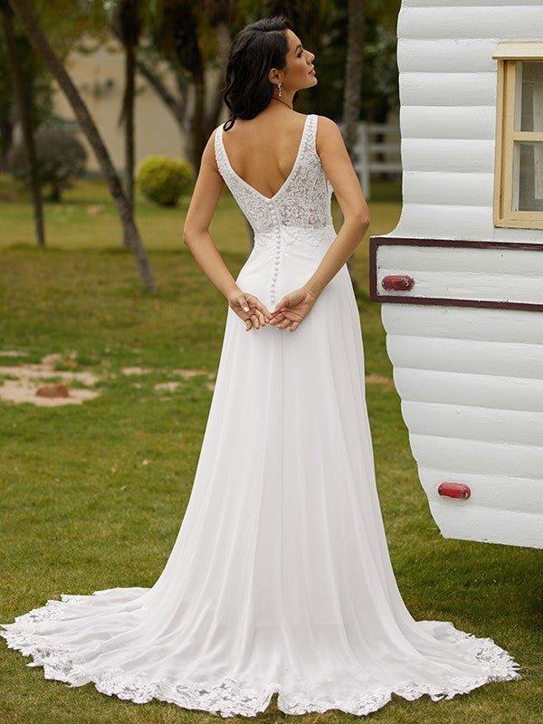 NumberSea - A - Line/Princess Chiffon Lace V - neck Sleeveless Sweep/Brush Train Wedding Dresses