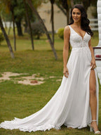 NumberSea - A - Line/Princess Chiffon Lace V - neck Sleeveless Sweep/Brush Train Wedding Dresses