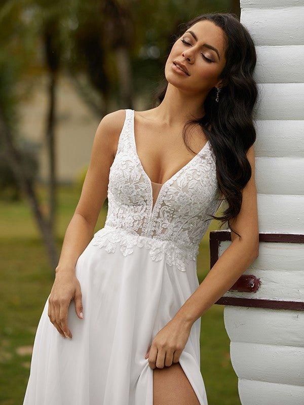 NumberSea - A - Line/Princess Chiffon Lace V - neck Sleeveless Sweep/Brush Train Wedding Dresses