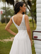 NumberSea - A - Line/Princess Chiffon Lace V - neck Sleeveless Sweep/Brush Train Wedding Dresses