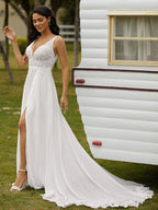 NumberSea - A - Line/Princess Chiffon Lace V - neck Sleeveless Sweep/Brush Train Wedding Dresses