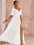 NumberSea - A - Line/Princess Chiffon Ruched Off - the - Shoulder 1/2 Sleeves Floor - Length Wedding Dresses