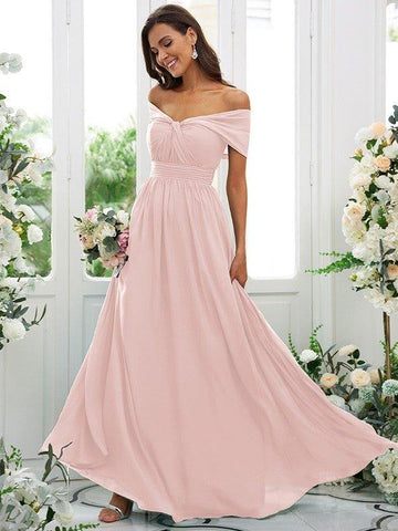 NumberSea - A - Line/Princess Chiffon Ruched Off - the - Shoulder Sleeveless Floor - Length Bridesmaid Dresses