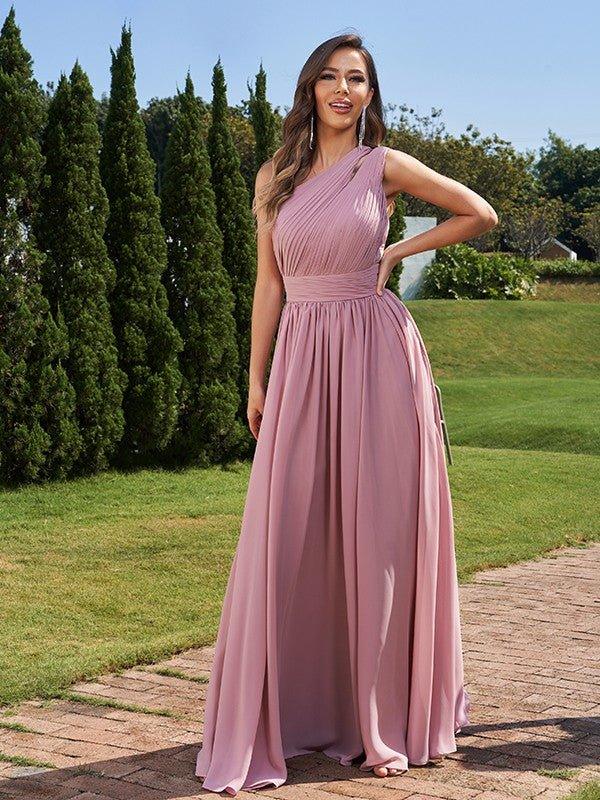 NumberSea - A - Line/Princess Chiffon Ruched One - Shoulder Sleeveless Floor - Length Bridesmaid Dresses