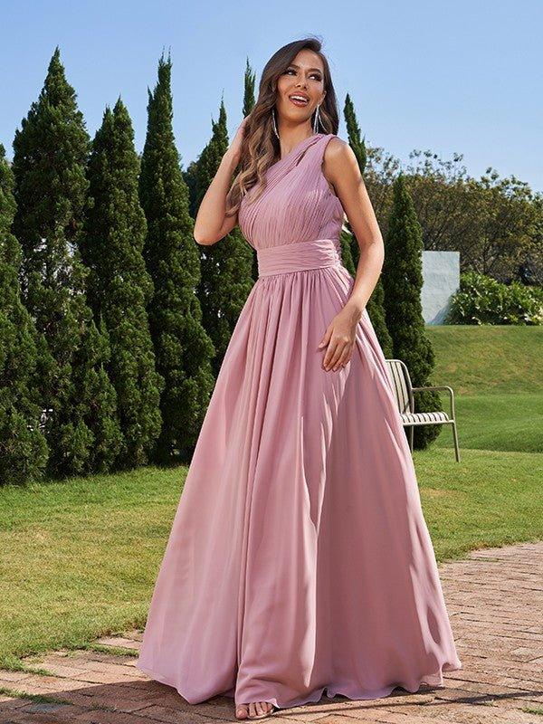 NumberSea - A - Line/Princess Chiffon Ruched One - Shoulder Sleeveless Floor - Length Bridesmaid Dresses