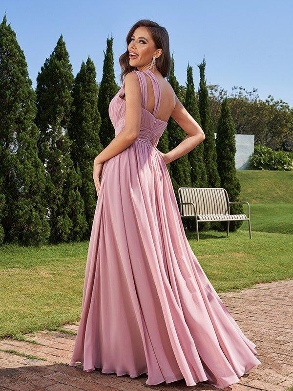 NumberSea - A - Line/Princess Chiffon Ruched One - Shoulder Sleeveless Floor - Length Bridesmaid Dresses