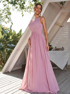 NumberSea - A - Line/Princess Chiffon Ruched One - Shoulder Sleeveless Sweep/Brush Train Bridesmaid Dresses