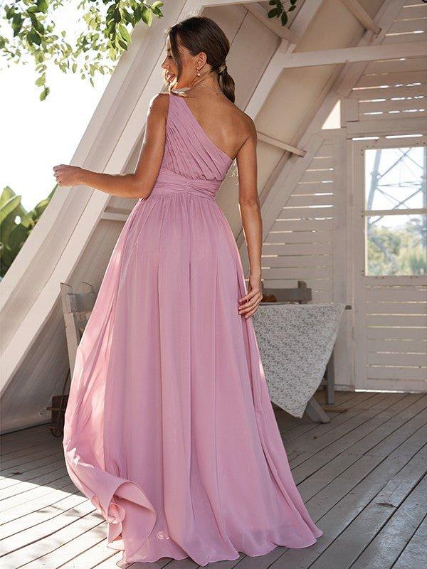 NumberSea - A - Line/Princess Chiffon Ruched One - Shoulder Sleeveless Sweep/Brush Train Bridesmaid Dresses