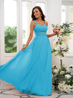 NumberSea - A - Line/Princess Chiffon Ruched Straps Sleeveless Floor - Length Bridesmaid Dresses