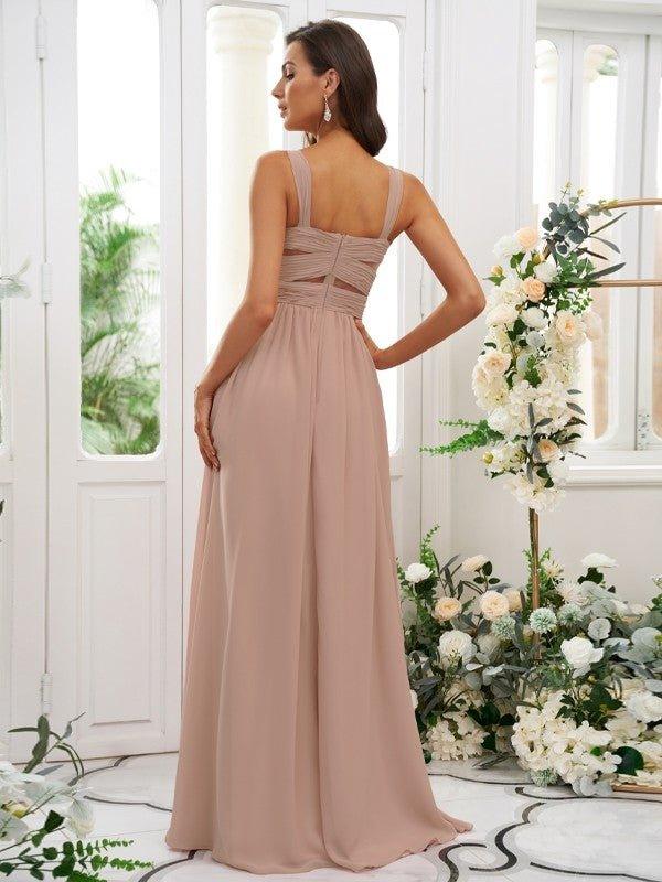 NumberSea - A - Line/Princess Chiffon Ruched Straps Sleeveless Floor - Length Bridesmaid Dresses