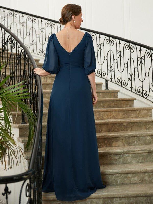 NumberSea - A - Line/Princess Chiffon Ruched V - neck 1/2 Sleeves Floor - Length Mother of the Bride Dresses