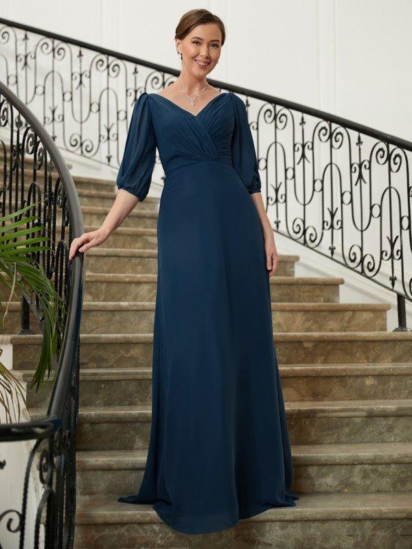 NumberSea - A - Line/Princess Chiffon Ruched V - neck 1/2 Sleeves Floor - Length Mother of the Bride Dresses