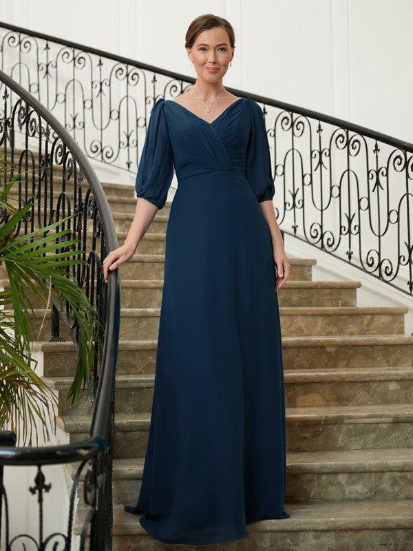 NumberSea - A - Line/Princess Chiffon Ruched V - neck 1/2 Sleeves Floor - Length Mother of the Bride Dresses