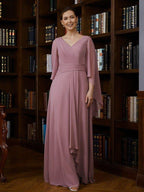NumberSea - A - Line/Princess Chiffon Ruched V - neck 3/4 Sleeves Floor - Length Mother of the Bride Dresses