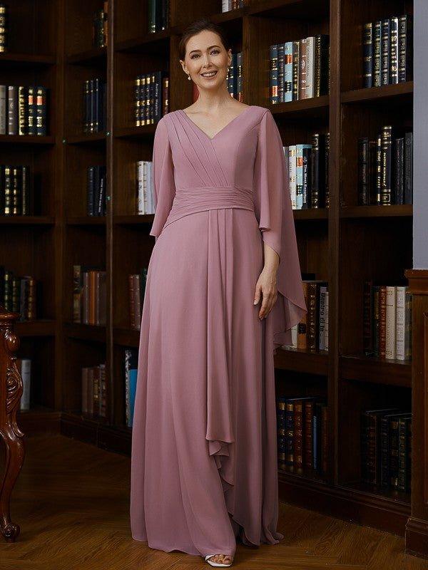 NumberSea - A - Line/Princess Chiffon Ruched V - neck 3/4 Sleeves Floor - Length Mother of the Bride Dresses