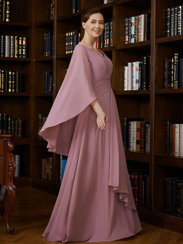 NumberSea - A - Line/Princess Chiffon Ruched V - neck 3/4 Sleeves Floor - Length Mother of the Bride Dresses