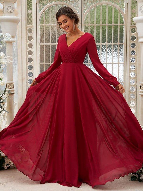 NumberSea - A - Line/Princess Chiffon Ruched V - neck Long Sleeves Floor - Length Bridesmaid Dresses