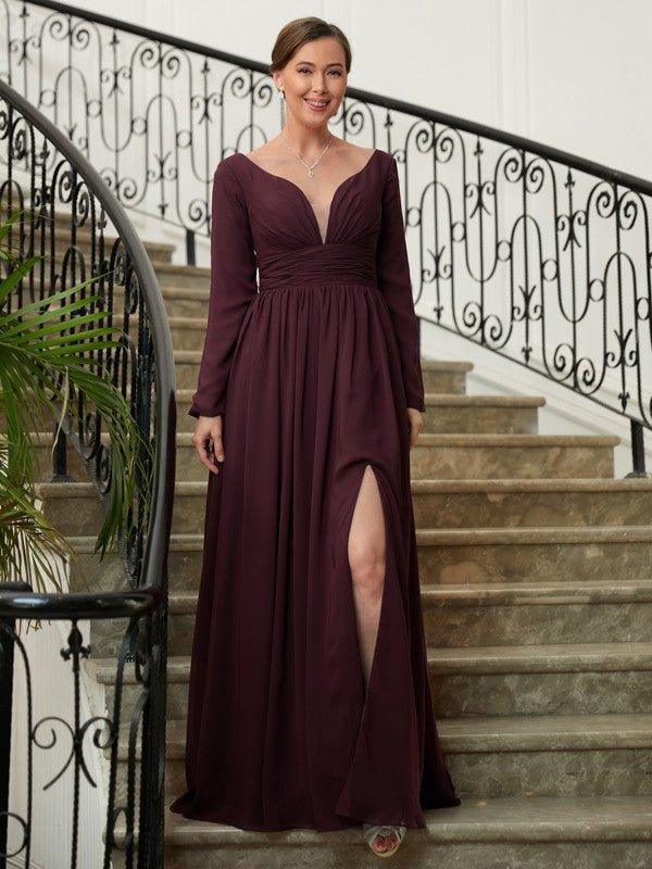 NumberSea - A - Line/Princess Chiffon Ruched V - neck Long Sleeves Floor - Length Mother of the Bride Dresses
