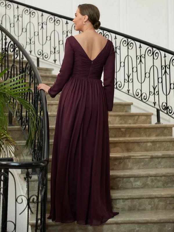 NumberSea - A - Line/Princess Chiffon Ruched V - neck Long Sleeves Floor - Length Mother of the Bride Dresses