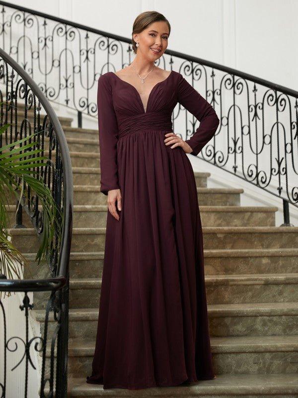 NumberSea - A - Line/Princess Chiffon Ruched V - neck Long Sleeves Floor - Length Mother of the Bride Dresses