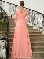 NumberSea - A - Line/Princess Chiffon Ruched V - neck Long Sleeves Sweep/Brush Train Mother of the Bride Dresses