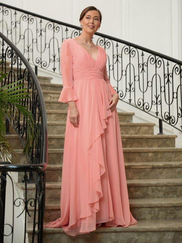 NumberSea - A - Line/Princess Chiffon Ruched V - neck Long Sleeves Sweep/Brush Train Mother of the Bride Dresses